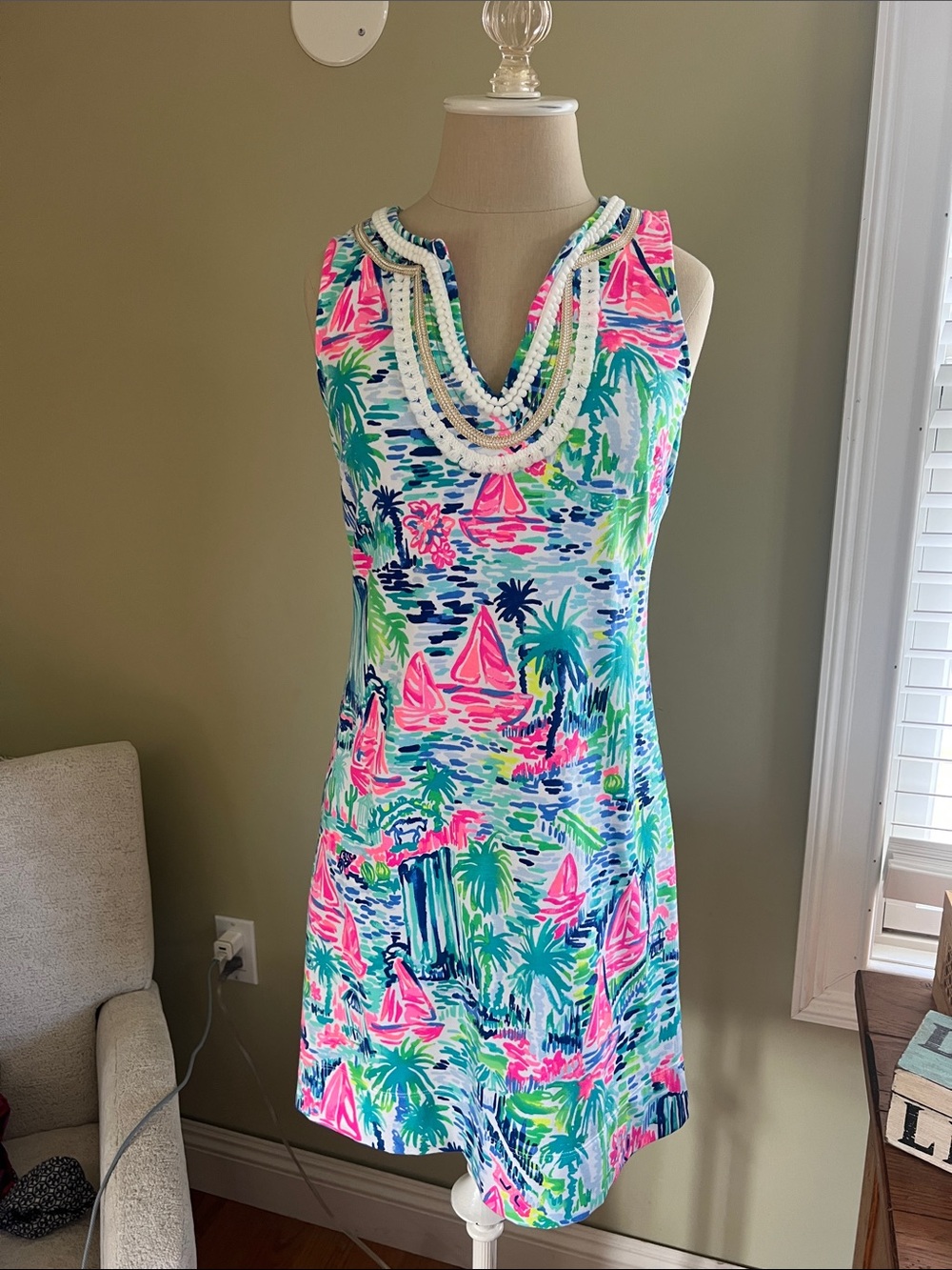 Lilly Pulitzer Knit Tropical V-Neck Dress — sailboats palm trees small
